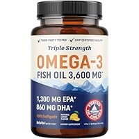 Triple Strength Omega 3 Fish Oil 3600 mg | EPA & DHA | Over 2100mg Omega-3 Fatty Acids | 1300mg EPA + 860mg DHA | Best Essential Fatty Acids | Premium Wild Caught & Burpless Fish Oil | 180 Ct