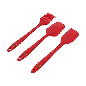 Clazkit Premium Silicone Non-Stick Spatula and Brush with Scraper for Cooking, Baking and Mixing with Stainless Steel Core, 3-Pieces,Red,Length 21cm