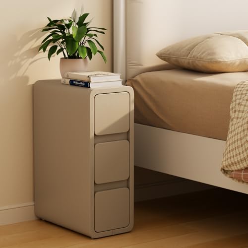 AQIMUELE Slim Bedside Table with 3 Drawers No Installation Leather Surface for Bedroom Living Room Width 20cm (Khaki)