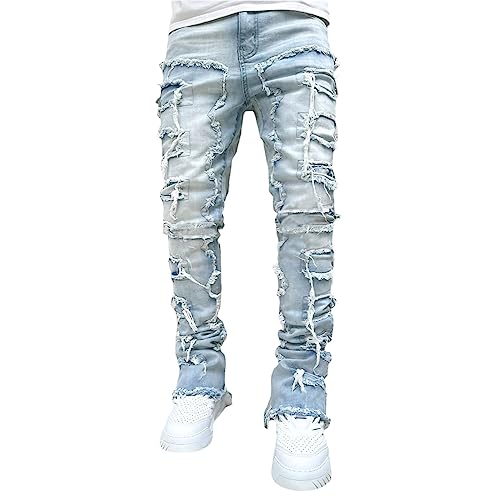 Mens Stacked Jeans Slim Fit Ripped Distressed Jeans Skinny