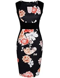 Vestido lápiz de fiesta, de coctel, estampado floral, cuello de pico elegante, sin mangas, para dama, de Fantaist