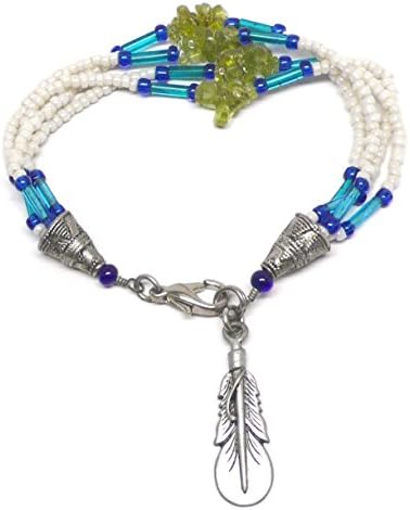 Pewter Feather Peridot Chips Four Strand Beaded Bracelet 7-1/8"