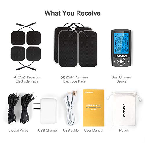 POHAKU Dual Channel TENS EMS Unit, 20 Modes Rechargeable TENS Unit Muscle Stimulator Machine with 2\