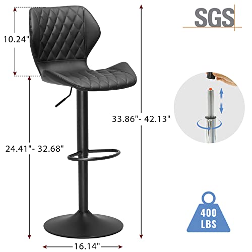 DICTAC Leather Bar Stools Set of 2 Black Adjustable Height Bar Chairs