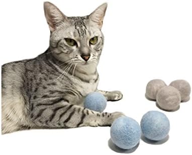 100% Wool Felt Cat Ball Toy- All Natural- Safe, Eco-Friendly-6 Pack- Blue/Gray