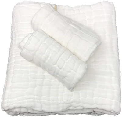 Petit Bella Baby Muslin Towels Set - Bath Towel×1 &amp; Washcloths×2 - Natural Organic Cotton For Delicate Baby Skin-Super Water Absorbent White