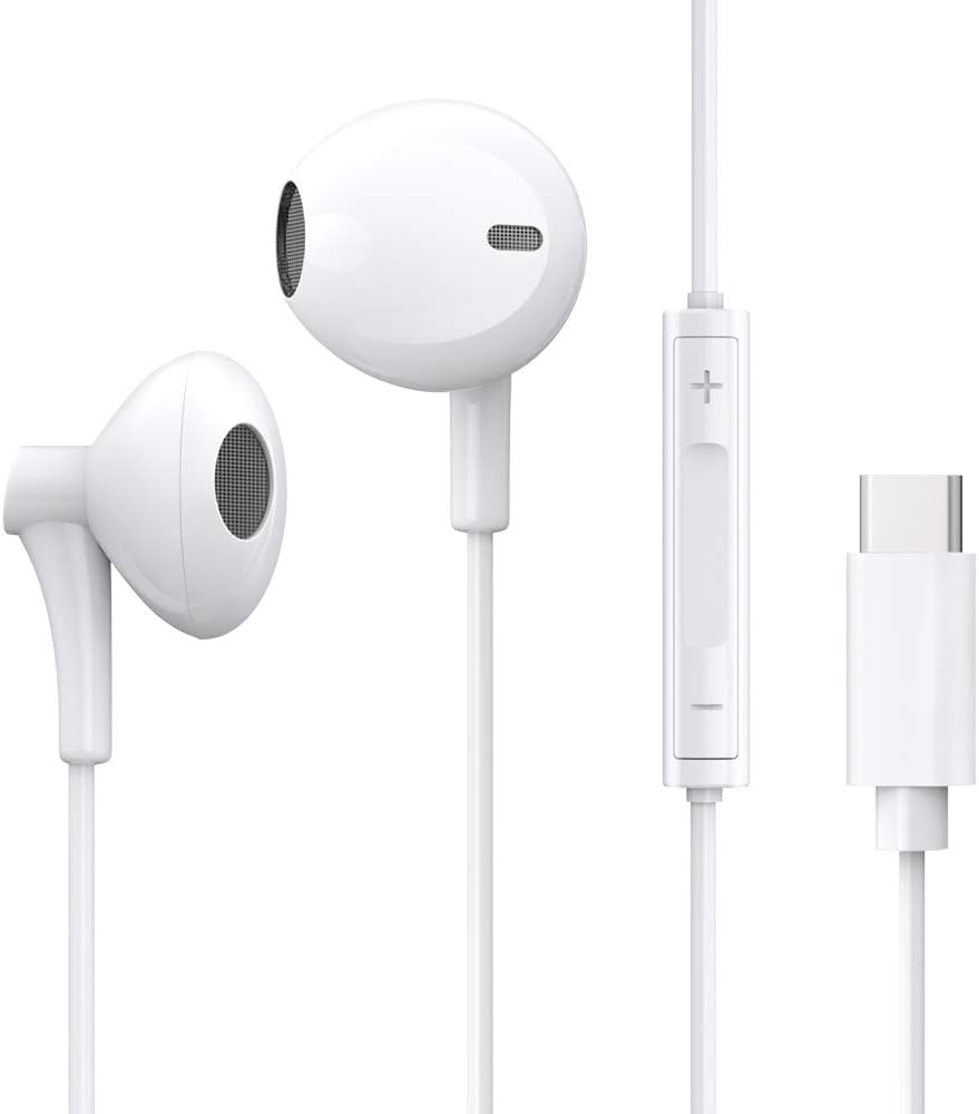 Dnifo USB C Headphones, USB C Earbuds in-Ear Noise Cancelling Earphones with Mic Headsets Compatible with Goole Pixel 4XL/4/3XL/3/2XL/2, Samsung, Huawei, HTC 10/U11, Essential Phone (White)