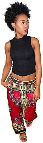 Womens Dashiki Red flora Loose Trousers Bohemian Wide leg Lounge Pants Red M