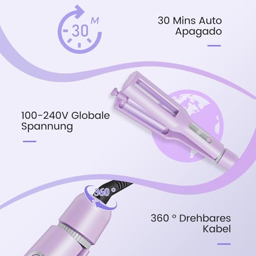 22/25/32/38 mm Adjustable Wave Iron for Hair - 4-in-1 Beach Waves Curling Iron, 3 Barrels Curling Irons with Display, Burn Protection, Fast Heating, 4 Temperatures (140-210°C), Purple