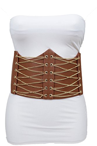 TFJ Women Fashion Wide Corset Belt Gold Metal Chains Elastic Brown Stretch S M