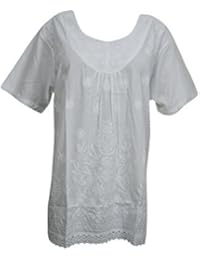 Womens Tunic Top Just One Look White Hand Embroidered Crochet Lace Hem Cover Up Blouse