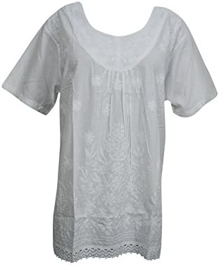 Mogul Interior Womens Tunic Top Just One Look White Hand Embroidered Crochet Lace Hem Cover Up Blouse