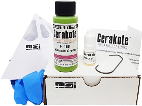 Zombie Green H-168 Oven Cure, MSI Ceramic Firearm Paint Bundle, includes 7 items: 45ml Ceramic Paint, Catalyst, Strainer, Gloves, Hanging hook, instructions and link to MSI instructional video.