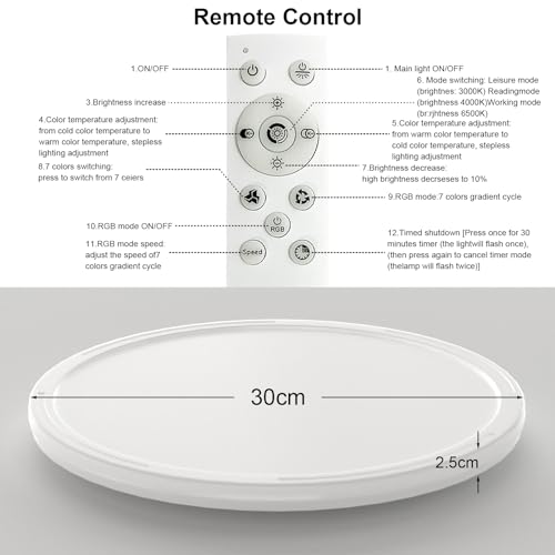 RGB Lampara de Techo, 30CM Lámpara de Techo LED con Control Remoto, ultrafina Luz de techo inteligente 3000K 4500K 6500K brillo regulable, para dormitorio, salón, habitación infantil,cocina (30W)