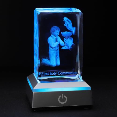 First Communion Gifts for Boys, 3D Crystal Statue with LED Light Base, Catholic Religious Gifts for Kids with Gifts Box, Night Light for Bedroom, Christian Catholic Home Decor