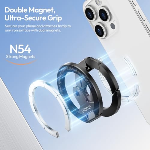 ULANZI MA02 Dual Magnetic Ring Phone Grip Stand, Aluminum for MagSafe Gym Kickstand Compatible with iPhone 17-12 Series, Foldable Phone Tripod Mount with 1/4" Screw for Live Streaming Vlog