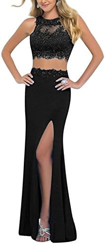 Liaoye Women's Split Mermaid Prom Dress Two Pieces Beading Party Gown Black 2