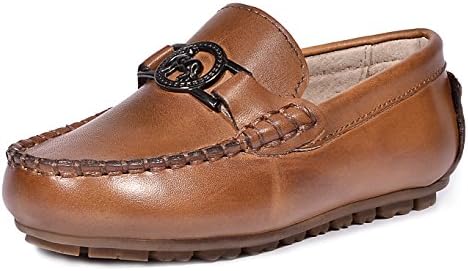 LIYZU Boy's Leather Distressed Loafers Dress Oxford Shoes (Toddler/Little Kid/Big Kid) US Size 4.5 Brown