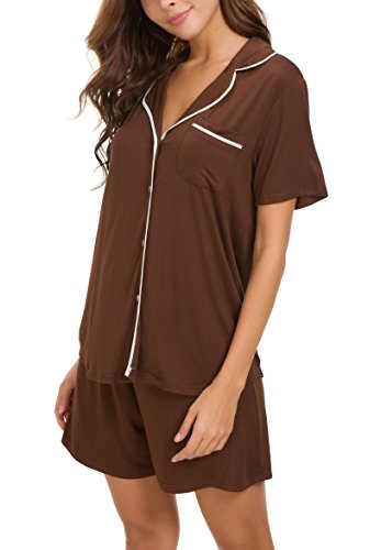 Invug Women Short Sleeve Nightwear Shirts Shorts Pajama Set Sleepwear Loungewear Brown L