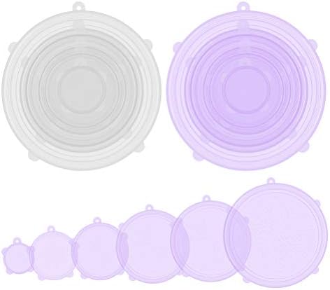 Silicone Stretch and Seal Lids, Bpa-Free Silicone Seal Lids and Bowl Elastic Reusable Covers for Coffee Mug, Jar, Can and More Kitchen Container - 12 Pack of Clear White and Purple ใSnowflakeใ Lids