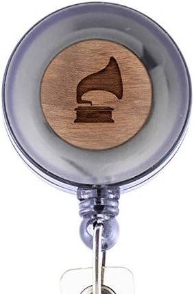 MODERN GOODS SHOP Gramophone Id Badge Holder - Wooden ID Holder - Laser Engraved Design Custom ID Holder - Clip On Belt/Pocket Retractable ID Badge Holder