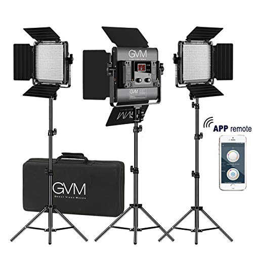 GVM 3 Pack LED Video Lighting Kits with APP Control, Bi-Color Variable 2300K~6800K with Digital Display Brightness of 10~100% for Video Photography, CRI97+ TLCI97 Led Video Light Panel +Barndoor