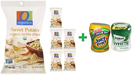 O Organics Organic Tortilla Chips Sweet Potato - 5.5 Oz ( 6 PACK )+ Fruity Chews Gum Watermelon 1/60 Count + Trident Go Cup Spearmint 1/60 Count (BUNDLE)