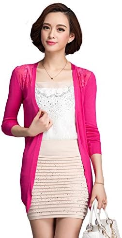 LOCOMO Women Lace Floral Back Sheer Long Sleeve Waterfall Cardigan FFJ010ROS