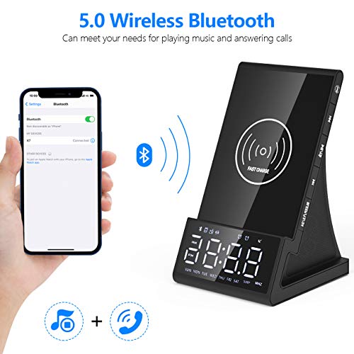 Wireless Charging Alarm Clock, Charging Clocks with Bluetooth Speaker, Dual Alarm Clock