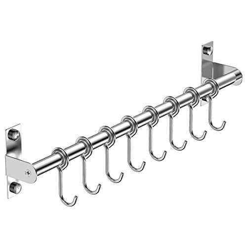 Booxihome Wall Mounted Utensil Rack, Stainless Steel Hanging Kitchen Rail with 8 Removable Hooks, Hanger Organizer for Utensil 40cm(15.75")