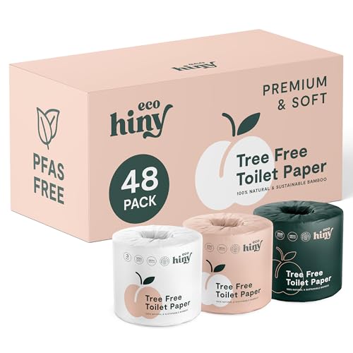 ecoHiny Premium & Soft Bamboo Toilet Paper | PFAS Free | 48 Mega Rolls, 3 ply & 350 Sheets | Non Toxic, FSC Certified, Septic Safe, BPA Free | Tree Free Toilet Tissue | Plastic Free Packaging