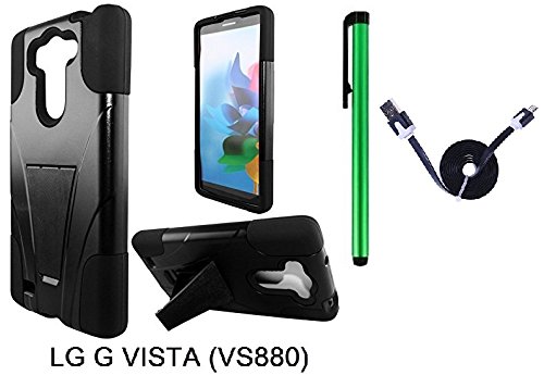 LG G VISTA (VS880) Phone Case - Heavy Duty Dual Shield Hybrid Protector Case with KickStand (2014 Released; US Carrier: AT&T, Verizon) + 1 of 1M/3Feet Stylish Micro USB To USB 2.0 Data Sync Charger Flat Cable + 1 of New Assorted Color Metal Stylus Touch Screen Pen (BLACK)