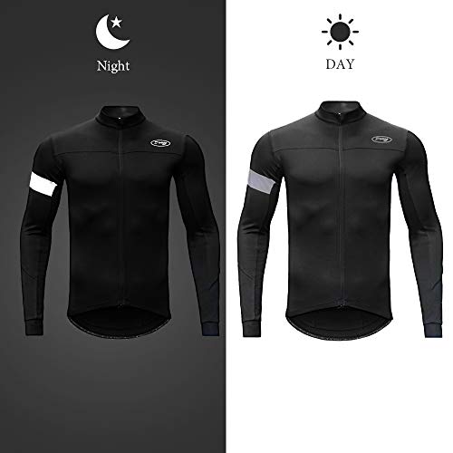 Men's Winter Thermal Fleece Cycling Bike Jersey Reflective Windproof Running Long Sleeve Jacket Warm Breathable Bicycle Softshell Black