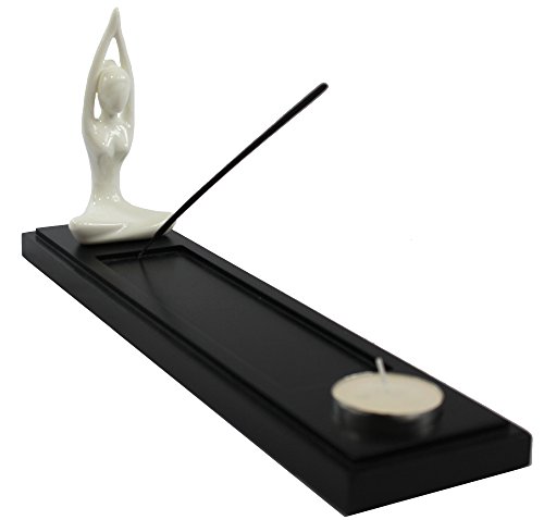 Black Wood Incense Burner Holder Tray with Yoga Mountain Pose Figurine