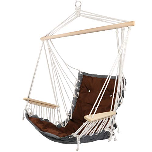 Hanging Rope Hammock Chair with Wooden Handrail, Large Hammock Porch Swing Seat, Cotton Rope Porch Chair for Indoor, Outdoor, Garden, Patio, Porch, Yard - Thumbnail 2