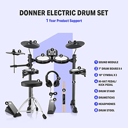 Donner Electric Drum Set, Electronic Drum Kit for Beginner with 180 Sounds, Quiet Mesh Drum Set