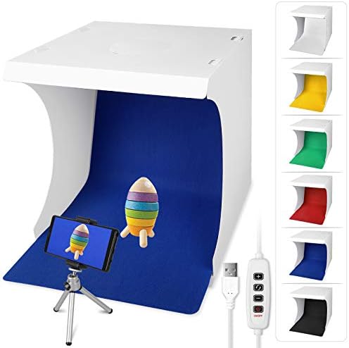 Sunjoyco Portable Photo Studio Light Box 12″ Foldable Table Top Lighting Shooting Tent Kit with Adjustable 120 LED Lights 6 Colors Backdrops Photography Light Tent with Camera Mini Tripod