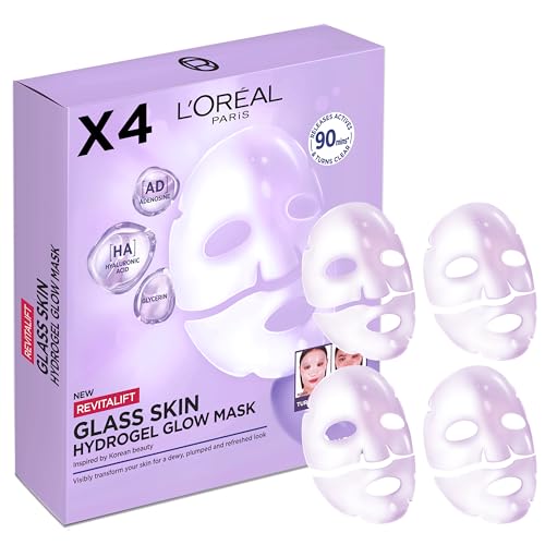 L'Oréal Paris Glass Skin Hydrogel Lot de 4 masques hydratants et lissants pour peau repulpée et hydratante à l'acide hyaluronique Revitalift Filler 100 g