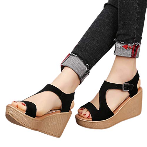 Amlaiworld Women’s Sandals Wedges Shoes Thick Bottom Belt Buckle Shoes Open Toe Sandals Summer Dress Sandals Shoes Black