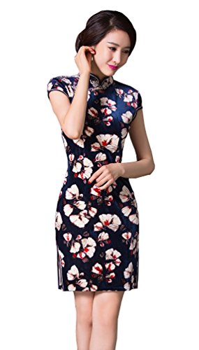 Angcoco Women's Cap Sleeve Flowers Printed Mini Cheongsam Dress