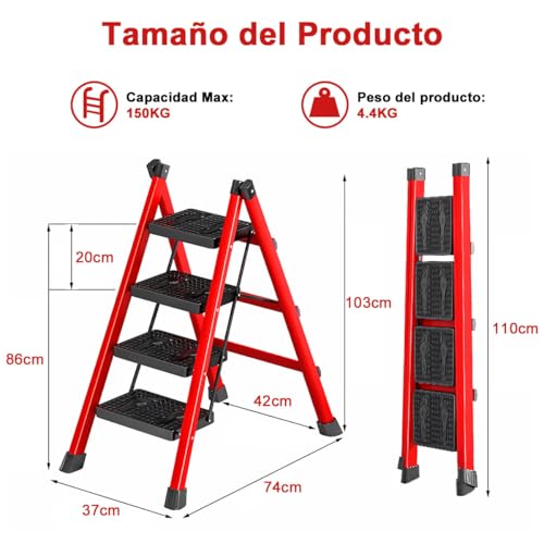 ADILIKADII Escalera Plegable de Acero，Escalera 4 Peldaños Doméstica Portátil con Pedal Ancho Antideslizante, Escalera Tubular Escalera de Tijera Tipo de Interior Exterior Hogar Oficina Cocina Garaje