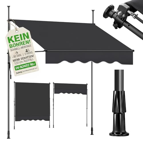 Sekey Klemmmarkise 300 cm breit, Markise Balkon ohne Bohren mit Handkurbel, 130 cm Ausfall, 0-90° neigbar, UV-beständiger Sonnenschutz & wasserdicht (
