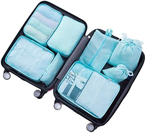 Packing Cubes for Travel 8 Set, Outdoor Tent Fabric Made, Compression Luggage Organizer Bags with Shoe Bag Laundry Bag (light blue)