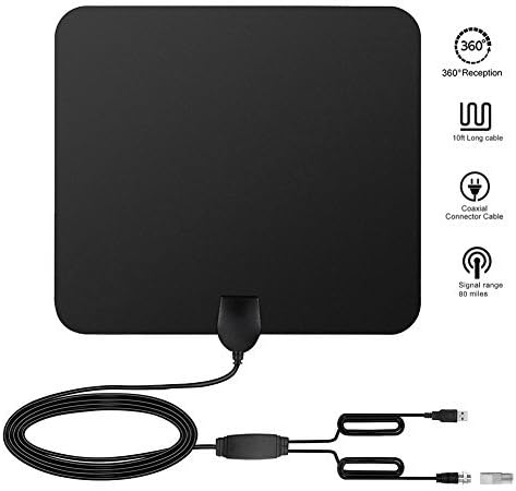 Amposei 80 Miles Range TV Antenna, Indoor USB Powered Supply Digital HDTV TV Antenna with Built-in Amplifier Signal Booster and 13.1Ft Coax Cable - Black