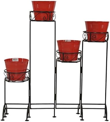 Green Gardenia Iron 4 Pot Stand/Plant Stand/Foldable Stand with 4 Planters-Red