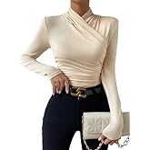 SweatyRocks Women's Ruched Mock Neck Long Sleeve T Shirt Solid Slim Fitted Tee Tops