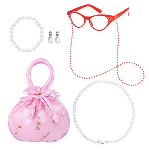 phnydreg 6 Pcs Old Lady Costume Accessories Including Eye Cat Glasses Glasses Chain Jewelry Necklace Bracelet Earring Clips Handbag for 100th Day Cosplay at Amazon