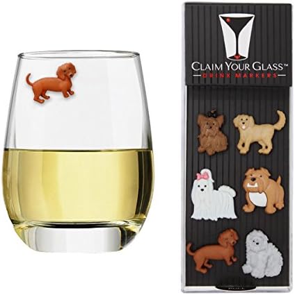 ADORABLE DOGS Magnetic Wine Glass Charms (Set of 6) by Claim Your Glass - Premium Drink Markers for Wine, Champagne, Beer, Cocktail Glasses - Includes Storage Case + Spare Magnet