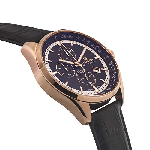 LOUIS-XVI-Herren-Armbanduhr-Varennes-Rosegold-Schwarz-Chronograph-Analog-Quarz-echtes-Leder-Schwarz-919