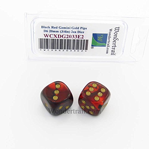 WCXDG2033E2 Black and Red Gemini Dice with Gold Pips 20mm (3/4in) D6 Pack of 2